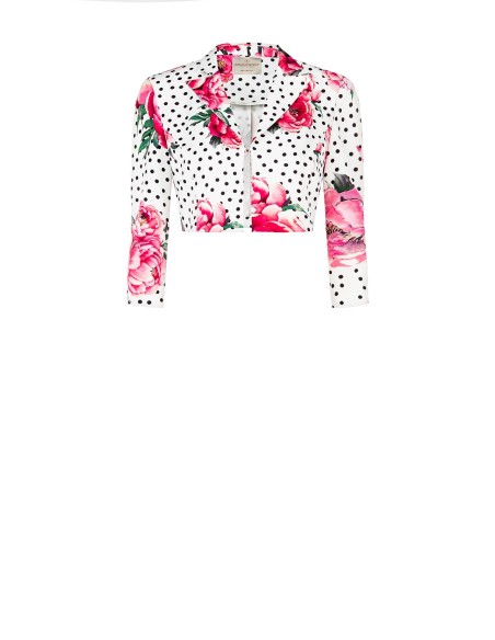Casaco cropped estampado de flores e bolinhas em tecido crepe com fecho de gancho e alças Rinascimento