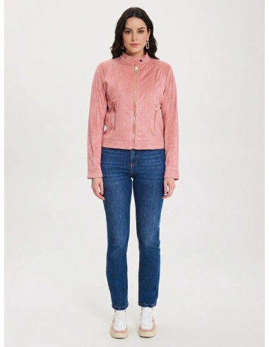 Casaco biker curto e acinturado em imitação de camurça Rinascimento