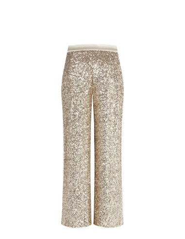 Calças palazzo cobertas de lantejoulas com cintura e botão em cetim Rinascimento