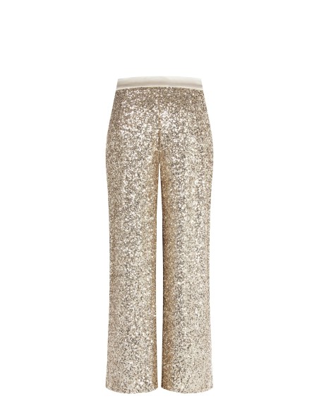 Calças palazzo cobertas de lantejoulas com cintura e botão em cetim Rinascimento