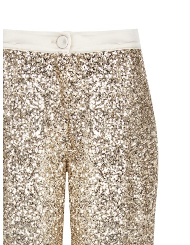 Calças palazzo cobertas de lantejoulas com cintura e botão em cetim Rinascimento