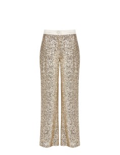 Calças Palazzo Cobertas de Lantejoulas com Cintura e Botão em Cetim Rinascimento