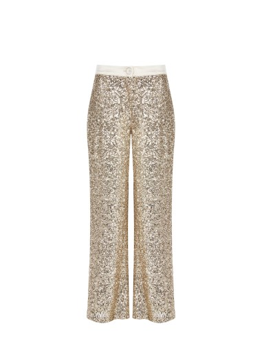 Calças Palazzo Cobertas de Lantejoulas com Cintura e Botão em Cetim Rinascimento