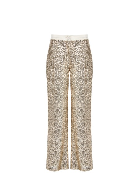 Calças Palazzo Cobertas de Lantejoulas com Cintura e Botão em Cetim Rinascimento