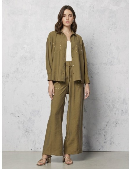 Calças Palazzo Em Tecido Ligeiramente Amarrotado Com Tachas Rinascimento