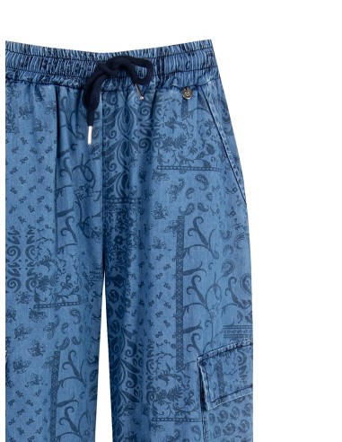 Calças palazzo cargo em denim leve estampado Rinascimento