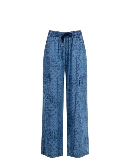 Calças Palazzo Cargo em Ganga Leve Estampada Rinascimento