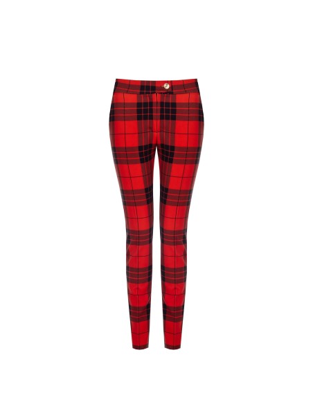 Calças Skinny Cropped Tartan com Botão Dourado Rinascimento