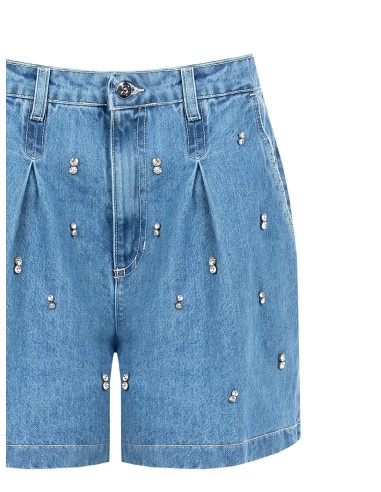 Calções curtos largos em denim com pregas e cristais cabochão Rinascimento