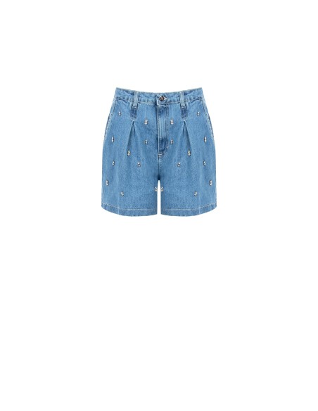 Calças curtas largas em denim com pinças e cristais cabochão Rinascimento