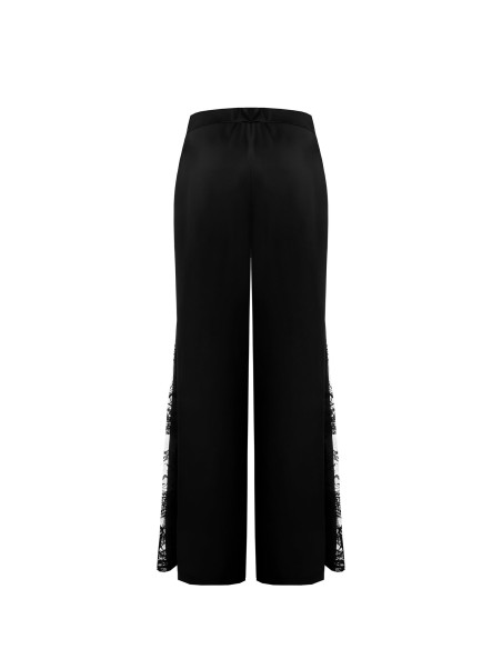 Calças palazzo em cetim com inserção de renda lateral Rinascimento