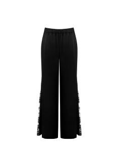 Calças Palazzo em cetim com aplicação de renda na lateral Rinascimento
