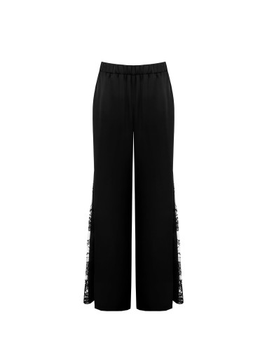 Calças Palazzo em cetim com aplicação de renda na lateral Rinascimento