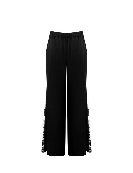 Calças Palazzo em cetim com aplicação de renda na lateral Rinascimento