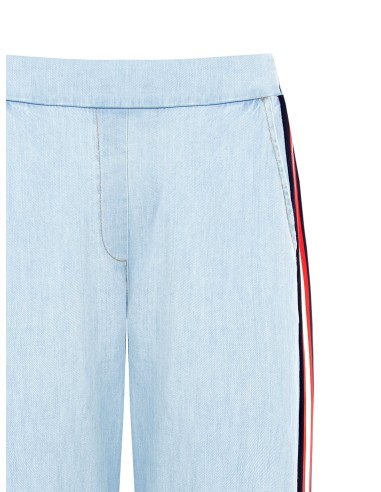 Calças palazzo em denim com faixas laterais e elástico atrás Rinascimento