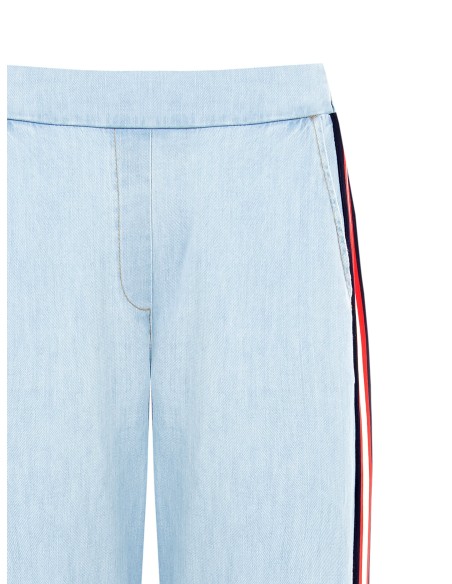 Calças palazzo em denim com faixas laterais e elástico atrás Rinascimento