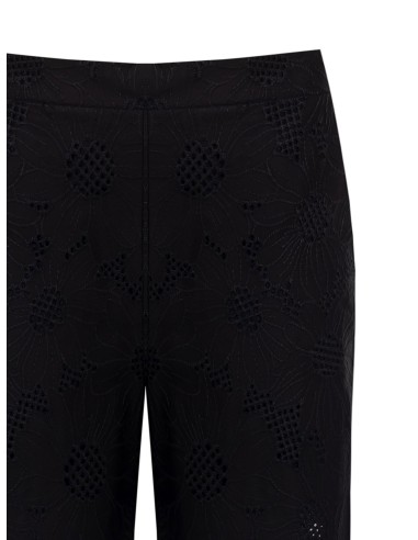 Calças Largas Cropped em Mistura de Algodão Bordadas com Flores e Perfuradas Rinascimento