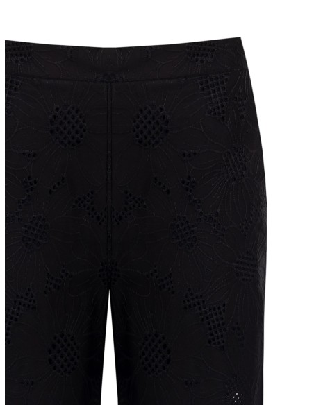 Calças Largas Cropped em Mistura de Algodão Bordadas com Flores e Perfuradas Rinascimento