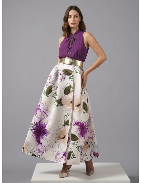 Saia Longa Rodada em Raso Duchesse Estruturado com Bolsos Rinascimento