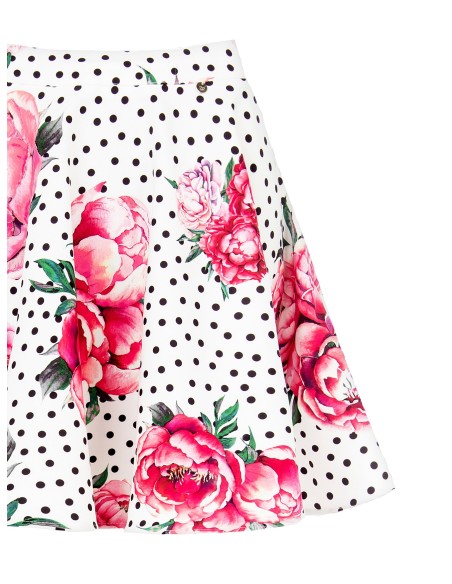 Minissaia rodada com estampado de flores e pois, com elástico na cintura em tecido crepe Rinascimento
