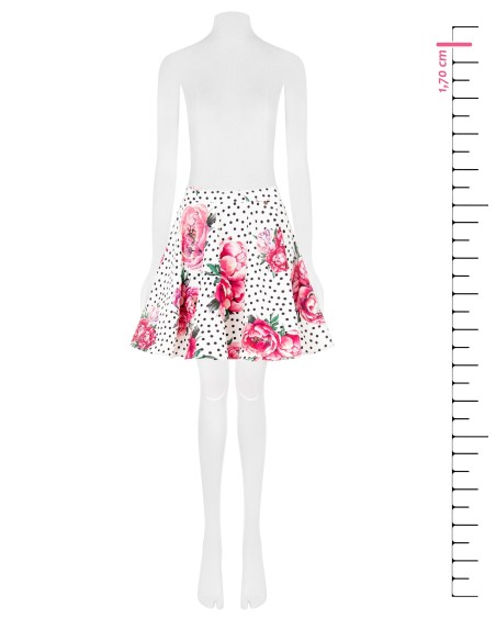 Minissaia godê estampada com flores e poás com elástico na cintura em tecido crepe Rinascimento