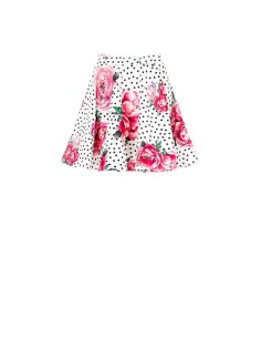 Minissaia rodada estampada com flores e bolinhas com elástico na cintura em tecido crepe Rinascimento