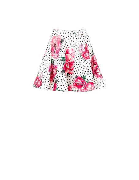 Minissaia rodada estampada com flores e bolinhas com elástico na cintura em tecido crepe Rinascimento
