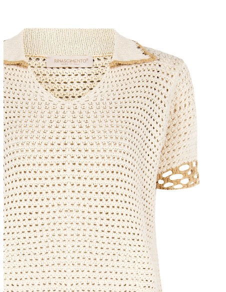 T-Shirt Crochet em Algodão com Decote em V e Colarinho Rinascimento