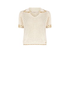 T-shirt de croché em algodão com decote em V e colarinho Rinascimento