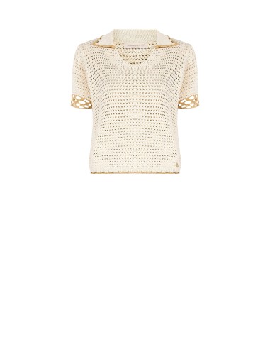 T-shirt de croché em algodão com decote em V e colarinho Rinascimento