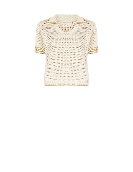T-shirt de croché em algodão com decote em V e colarinho Rinascimento