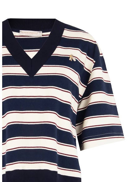 Sweat de mangas curtas em mistura de algodão com decote em V e broche de abelha Rinascimento