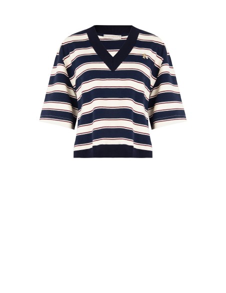 Sweatshirt de mangas curtas em mistura de algodão com decote em V e broche de abelha Rinascimento