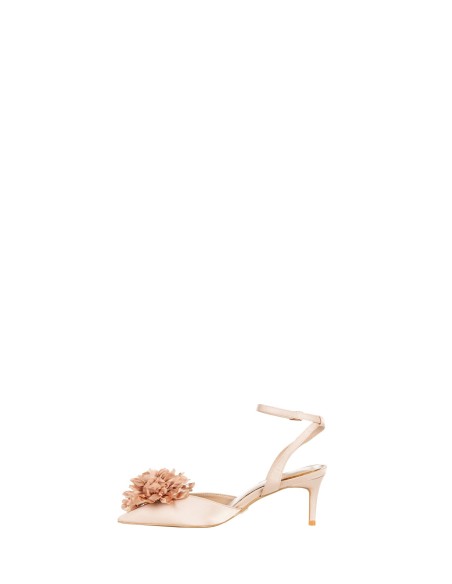 Décolleté Slingback em Cetim com Salto Baixo e Flor em Tecido Rinascimento