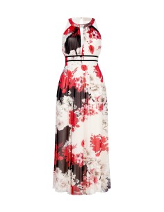 Vestido Longo com Gola Alta em Tule Estampado Rinascimento Curvy