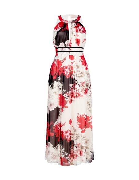 Vestido Longo com Gola Alta em Tule Estampado Rinascimento Curvy