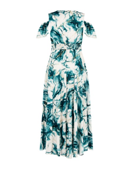 Vestido Longo Em Cetim Estampado Com Glitter E Decote Em V Rinascimento Curvy