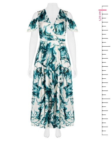 Vestido Longo em Cetim Estampado com Glitter e Decote em V Rinascimento Curvy