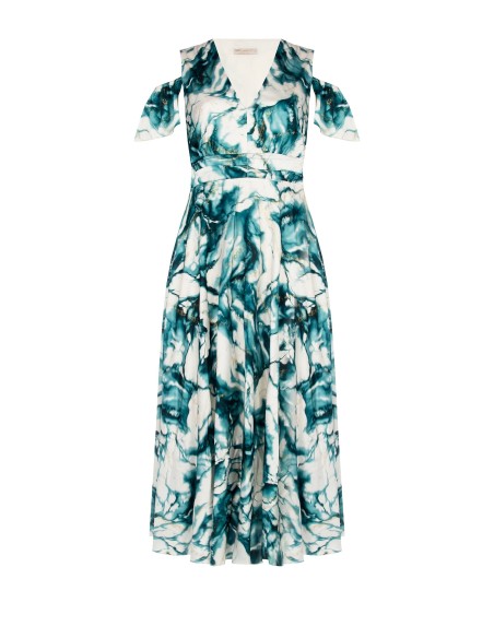 Vestido Longo Em Cetim Estampado Com Glitter E Decote Em V Rinascimento Curvy