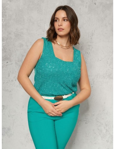 Top Curvy coberto de lantejoulas na frente com decote quadrado Rinascimento Curvy