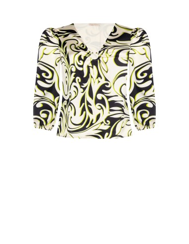 Blusa Curvy acinturada em cetim estampado com anel de metal no decote Rinascimento Curvy