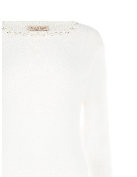 Camisola Fluffy com Pérolas e Strass e Gola Redonda Rinascimento