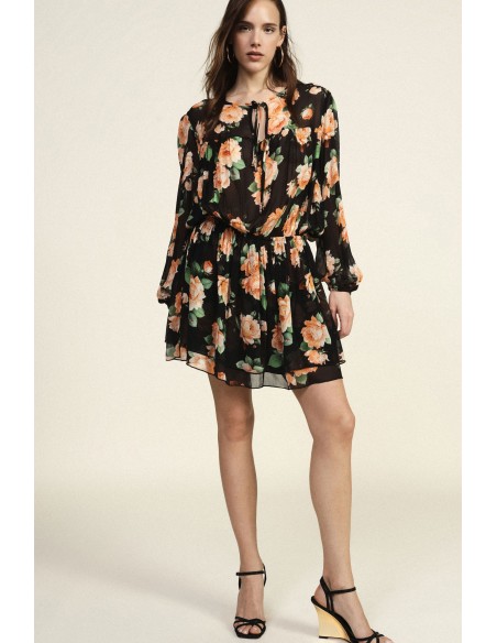 Vestido Curto Estampado Floral Franzido com Cordões Dixie