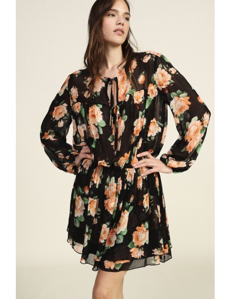Vestido Curto Estampado Floral Franzido Com Cordões Dixie