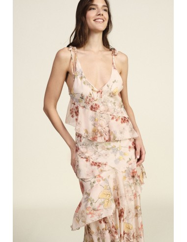 Vestido Longo Floral Com Folhos E Alças Finas Dixie
