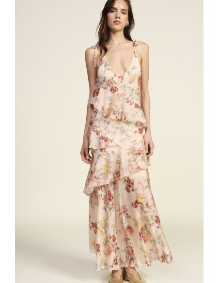 Vestido Longo Floral com Folhos e Alças Finas Dixie