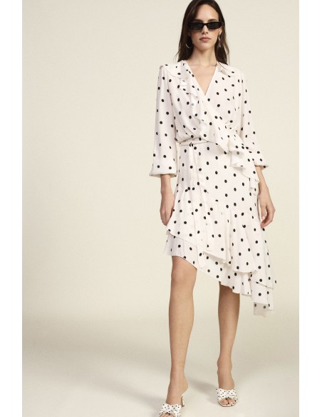 Vestido midi de bolinhas com folhos e cinto Dixie