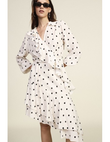 Vestido Midi às Bolinhas com Folhos e Cinto Dixie