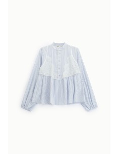 Camisa às Riscas com Inserto em Renda e Mangas Amplas Dixie