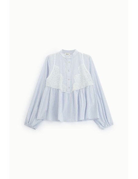 Camisa às Riscas com Inserto em Renda e Mangas Amplas Dixie